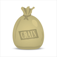 Vector illustration of filled a brown canvas sack, tarpaulin bag, tied with rope, isolated on a white background, for your design, for child books, fairytales, with inscription or label grain