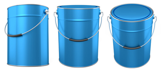 Set of metal cans or buckets of paint with handle on white background.