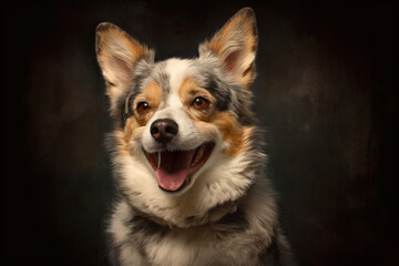 portrait of a smiling dog with black studio background