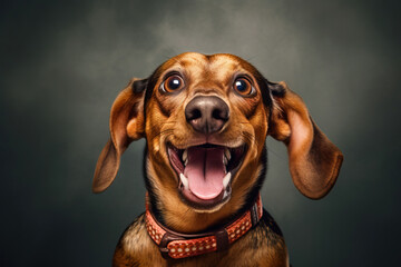 portrait of a smiling dachshund white grey studio background
