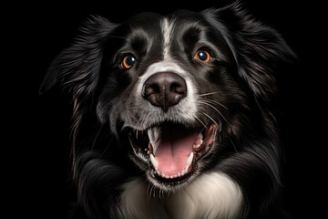 portrait of a smiling border collie with black background