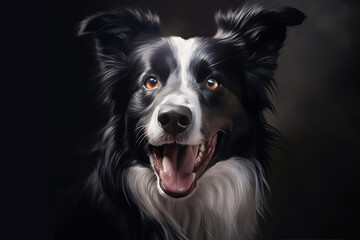 portrait of a smiling border collie looking to the left with a black background