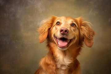 portrait of a smiling happy brown dog with a studio background