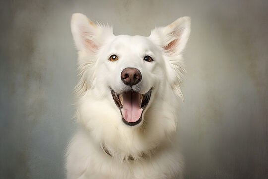 portrait of a smiling white dog with a neutral color palette