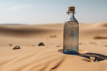 Bottle full of water in the middle of the desert. Concept of drought. Water war.