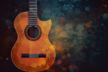 Fototapeta premium Abstract background illustration of a acoustic guitar with grunge noise and colorful texture. Music industry theme. Generative AI