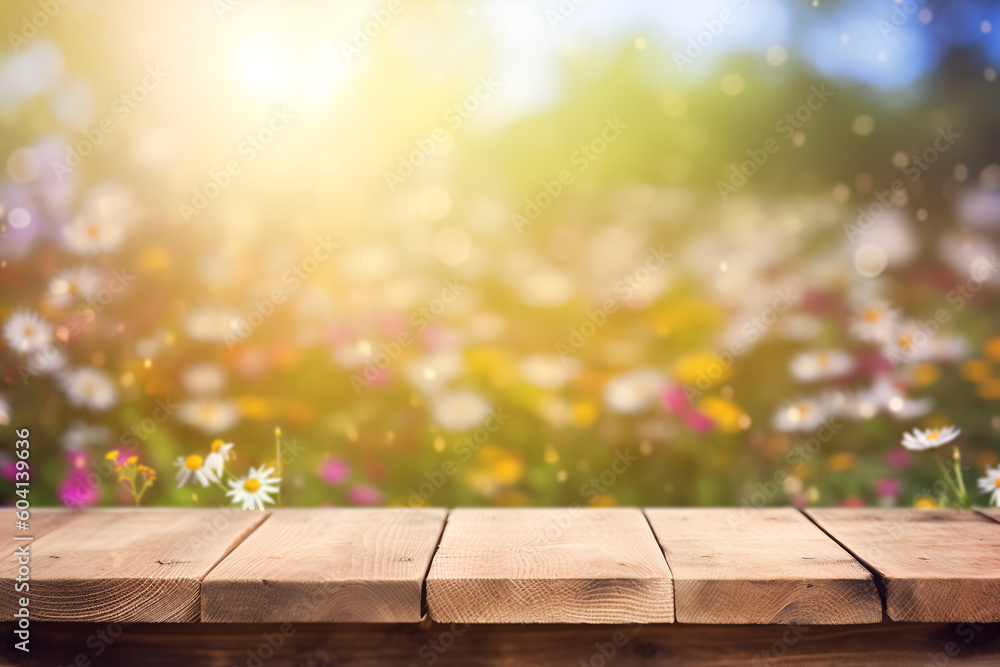 Poster creative mock concept. empty wooden table top with sunny flower garden of spring time blurred bokeh 