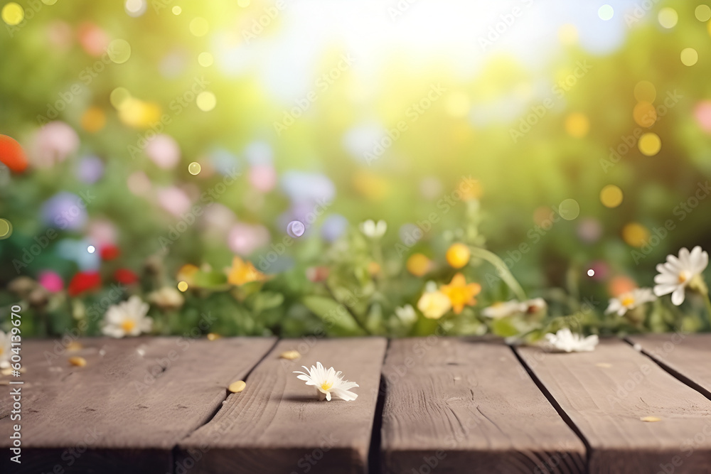 Poster creative mock concept. empty wooden table top with sunny flower garden of spring time blurred bokeh 