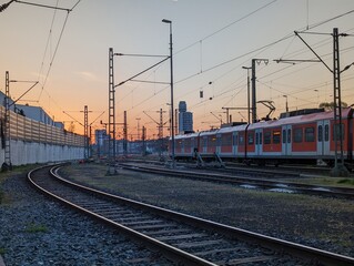Fototapeta na wymiar Pure peace in the morning with the sun rising next to quiet train tracks