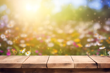 Naklejka na ściany i meble Creative mock concept. Empty wooden table top with sunny flower garden of spring time blurred bokeh background. Template for product presentation display.