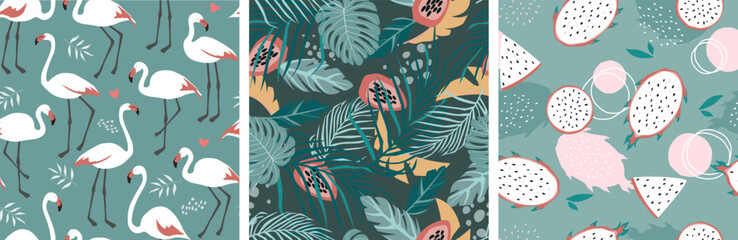Set of contemporary natural seamless pattern with flamingo bird, tropical leaves and fruits. Vector graphics. © Ирина Горбунова