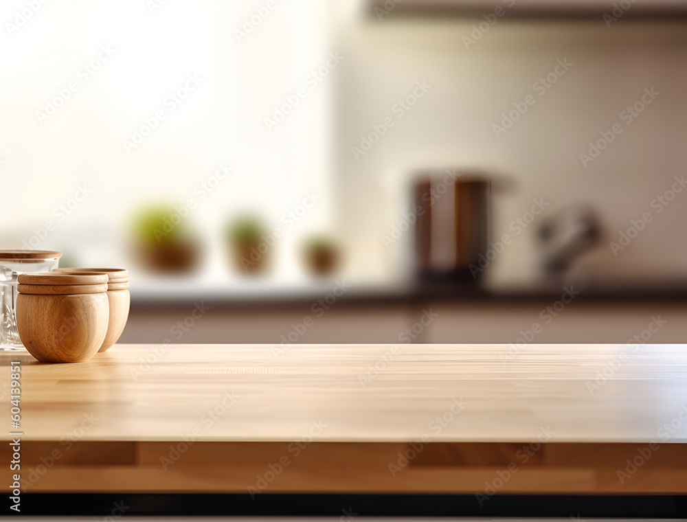 Poster creative mock concept. empty wooden table top with kitchen room blurred background. template for pro
