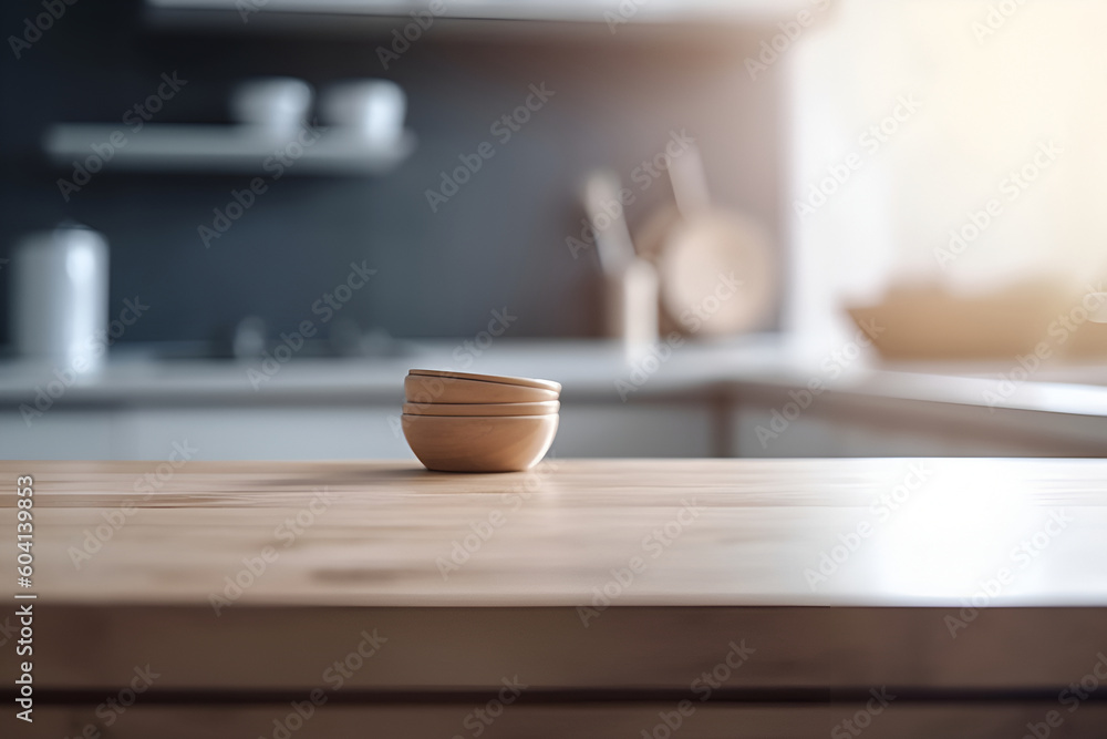 Poster creative mock concept. empty wooden table top with kitchen room blurred background. template for pro