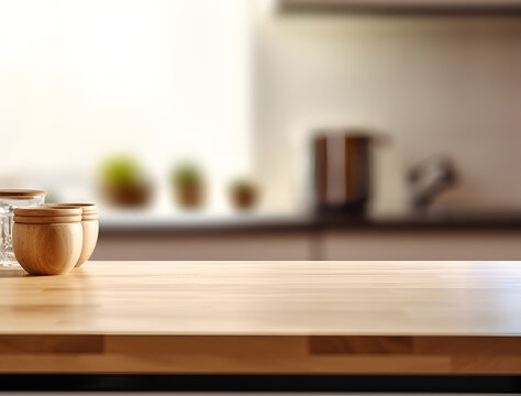 Creative mock concept. Empty wooden table top with kitchen room blurred background. Template for product presentation display. 3D rendering