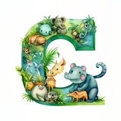 watercolor letter c with cute animals with Generative AI technology