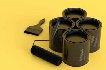 Set of metal can or buckets with paint roller and brush on monochrome background