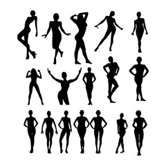 Vector illustration. Black silhouette of girls in different poses. Big set.