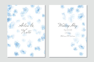 Vector watercolor wedding invitation template with blue forget-me-not background - 604140243