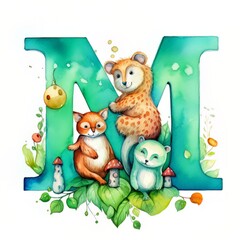 watercolor letter M with cute animals with Generative AI technology