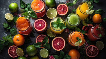 Summer drinks. Citrus fruit juices, fresh and smoothies, food background, top view. Generative AI