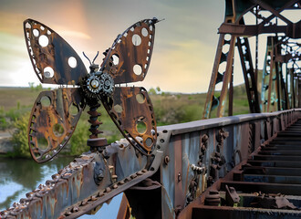 An iron rusty steampunk butterfly sits on a melted beam of a destroyed bridge.