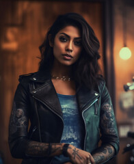 Portrait of Beautiful Indian Woman with Tattoos in Leather Jacket Photo Wallpaper, hyper realistic, shallow depth of field, cinematic, Generative AI