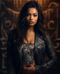 Portrait of Beautiful Indian Woman with Tattoos in Leather Jacket Photo Wallpaper, hyper realistic, shallow depth of field, cinematic, Generative AI