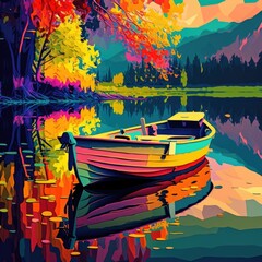 Serene Waters: A Fauvist's Vibrant Depiction of a Boat on a Calm Lake
