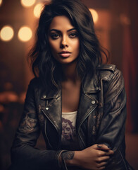 Portrait of Beautiful Indian Woman with Tattoos in Leather Jacket Photo Wallpaper, hyper realistic, shallow depth of field, cinematic, Generative AI