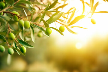 green olives on a branch close-up image. Generative ai - obrazy, fototapety, plakaty
