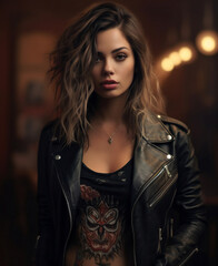 Portrait of Beautiful Woman with Tattoos in Leather Jacket Photo Wallpaper, hyper realistic, shallow depth of field, cinematic, Generative AI