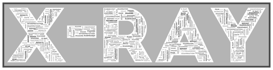 Naklejka premium X-Ray text filled with related keywords of various sizes. X-ray word cloud. Appealing vector illustration.