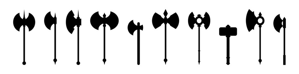 Set of medieval axe icons. Medieval weapon black silhouette. Vector illustration isolated on white background.
