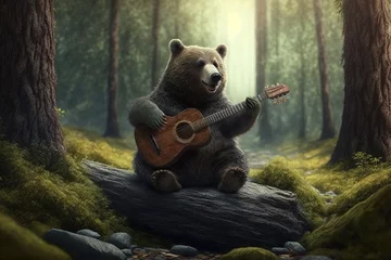 Foto op Aluminium Funny bear playing the guitar in the forest. Ai generated © dragomirescu