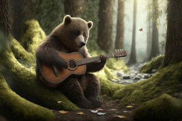 Funny bear playing the guitar in the forest. Ai generated