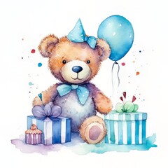 teddy bear with gift box and balloons with Generative AI technology