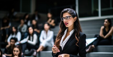 Young female business professional in her 20's asking a question during a university seminar. Generative Ai