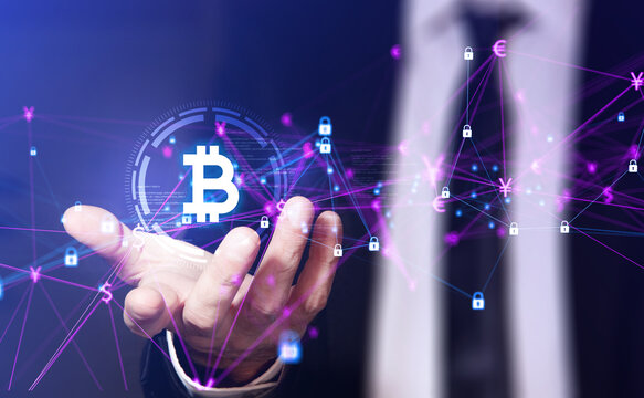 mano, uomo d'affari che regge icona bitcoin, moneta elettronica, criptovaluta, blockchain