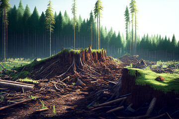 Forest deforestation. Global warming. Cut trees. Forestry. Industry.