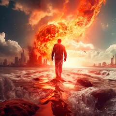 Pesron with sity and fire and sea 