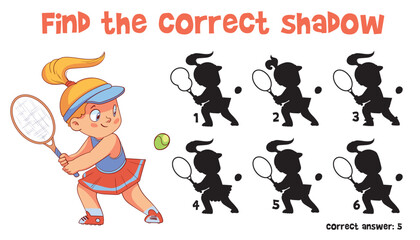 Find the correct shadow. Tennis. Educational game for children. Choose correct answer. Matching game. Colorful cartoon characters. Funny vector illustration. Isolated on white background © kharlamova_lv