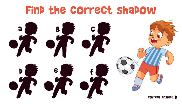 Find the correct shadow. Soccer. Educational game for children. Choose correct answer. Matching game. Colorful cartoon characters. Funny vector illustration. Isolated on white background