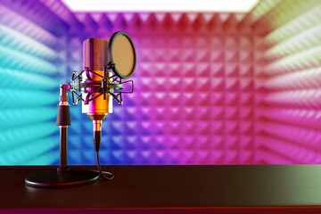 A professional microphone for recording music in the studio on a multicolored background. 3D render