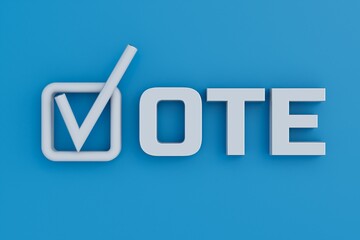 selection of a candidate for voting. Tick and inscription Vote on a blue background. 3D render