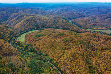 Colorful autumn mountain hills and big curve of river Veleka in Strandja mountain Bulgaria