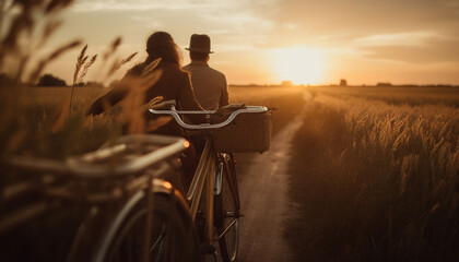 Sunset cycling two men, two women, love generated by AI