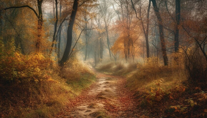 Obraz premium Autumn fog veils tranquil forest in mystery generated by AI