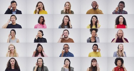 Call center composite, diversity and people in telemarketing, collage and communication. Talking, happy and face portrait variety of customer service workers for online support on a studio background