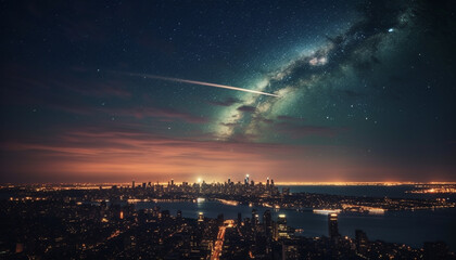 Naklejka premium Glowing star trail illuminates Milky Way galaxy generated by AI