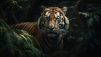 Majestic Bengal tiger staring, beauty in nature generated by AI